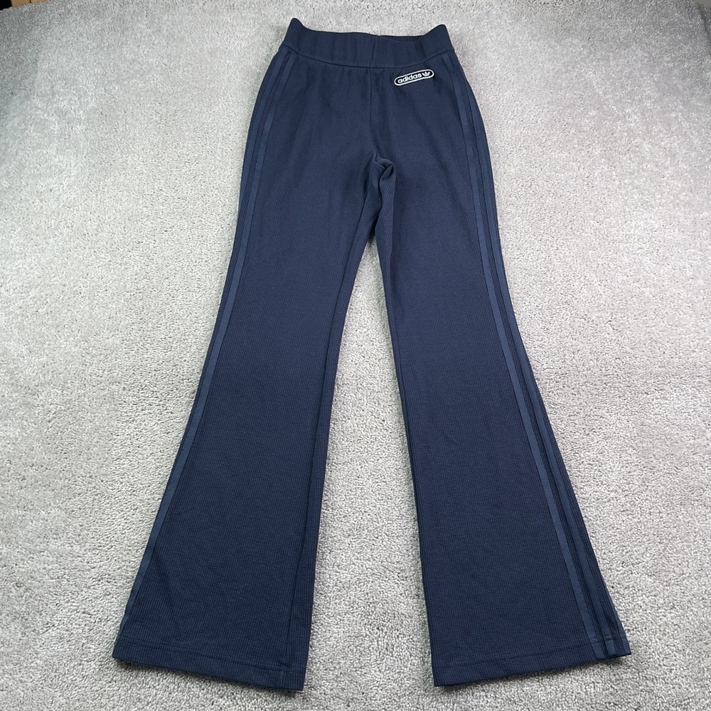 Adidas Pants Womens Small Navy Blue Flare Trousers Ribbed 3 Stripe Athleisure